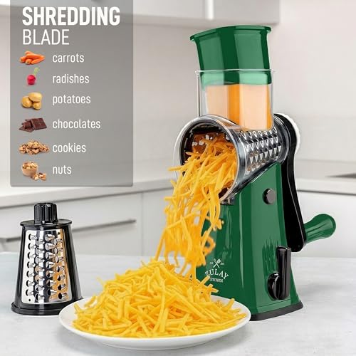 Rotary Cheese Grater Manual Hand Crank 5 Blade Shredder (5 Blades / Green & Black)