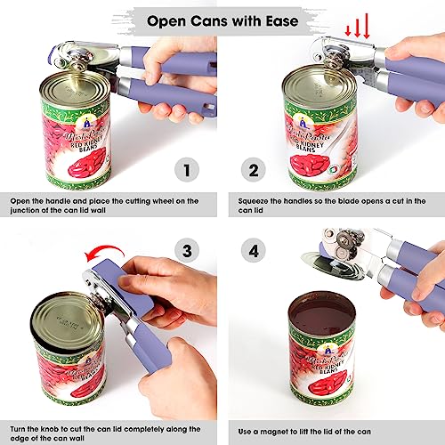 Heavy Duty Hand Can Opener Manual with Magnet Lid Remover (Purple)