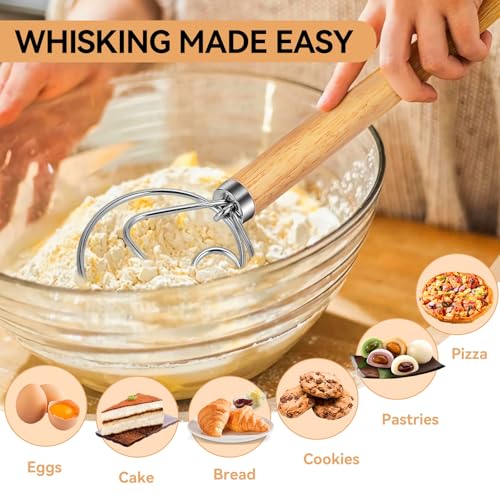Danish Dough Whisk Wooden Handle Stainless Steel for Sourdough Bread (White Ash Wood 1-eye / 1 Pack)