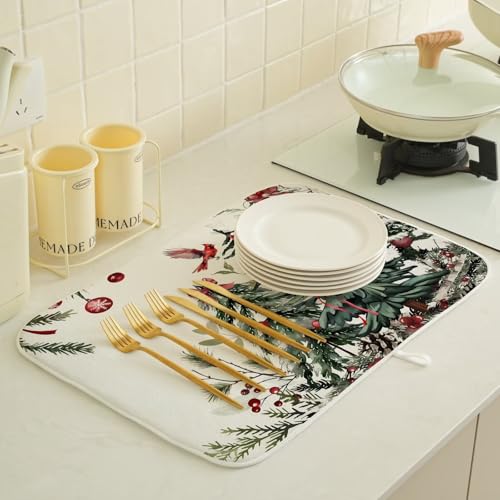 Christmas Dish Drying Mat 18 x 24 inch Winter Christmas Tree Pine Trees Decorative Drying Mats Microfiber Absorbent Xmas Decor Dish Washable Draining Mat for Kitchen Counter (18" x 24" / Christmas2)
