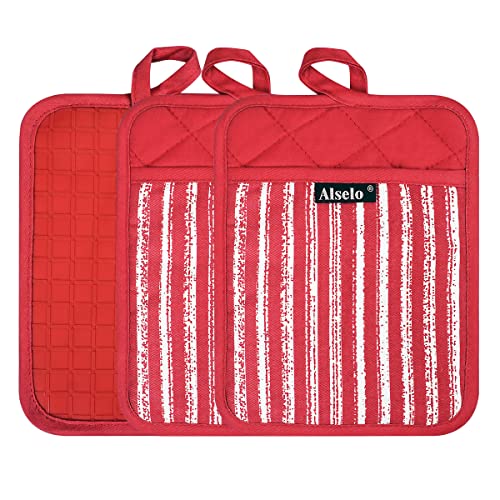 Silicone Pot Holders Set of 3 Heat Resistant & Non Slip Potholders (Red)