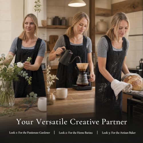 Cross Back Linen Cotton Apron with Pockets (XX-Large / Black)