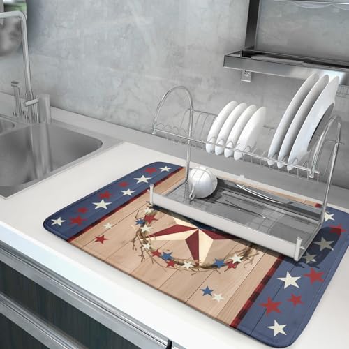 4th of July Dish Drying Mat for Kitchen Counter Patriotic Farmhouse Rustic Microfiber Absorbent Dish Draining Reusable Washable Foldable Extra Large 18"x24" (24" x 18")