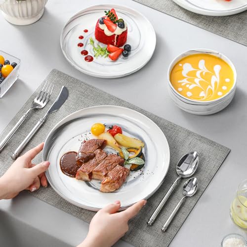 12 Pcs Porcelain Plates and Bowls Sets (Marble Grey / 12 Pcs (Service for 4))