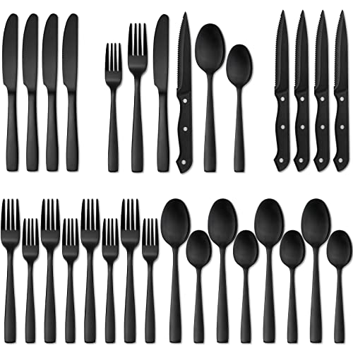 24 Pieces Matte Black Silverware Set with Steak Knives for 4