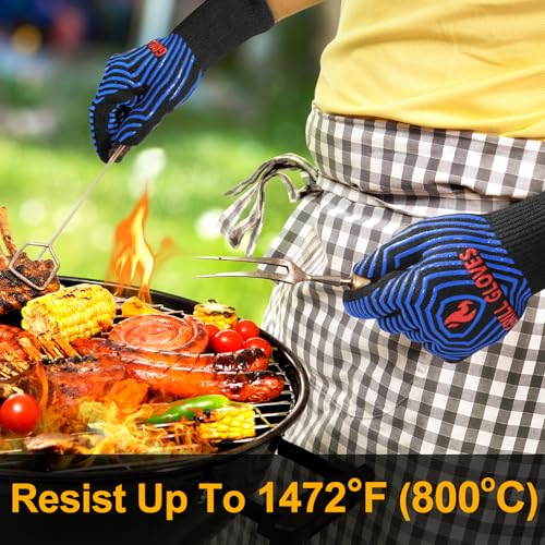 BBQ Gloves Oven Gloves 1472℉ Extreme Heat Resistant (Black Blue / One Size Fits Most(Long Cuff))