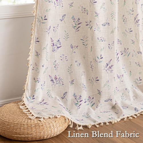 Floral Linen Boho Curtains 96 Inches Length for Living (Purple / 50"W x 96"L (Pack of 2))