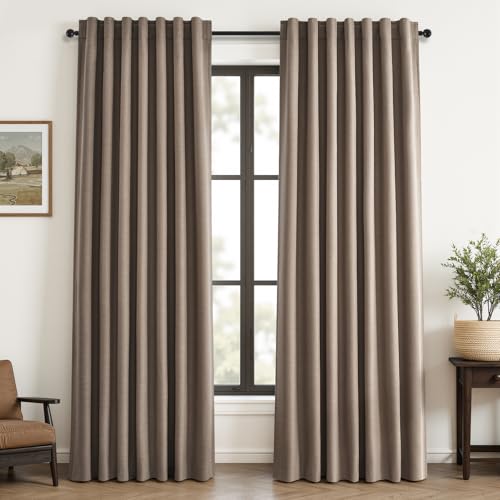 90 inch Long Linen Blackout Curtains 2 Panels for Bedroom Living Room 100% Black Out Linen Texture Curtain Elegant Farmhouse Window Drapes with Back Tab Rod Pocket Room Darkening Drape Taupe (Faux Linen / 52"W x 90"L (Pack of 2))