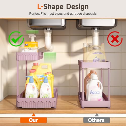 3-Pack 2-Tier L-Shaped Under Sink Organizers with Sliding Drawers (Pink / 14.85 Inch)