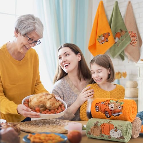 3 Pcs Fall Hand Towels for Bathroom 13.8 x 29.5 Inch Autumn Decorative Bath Towels Sets 100% Cotton Embroidered Pumpkin Maple Thanksgiving Bathroom Decor (Orange and Green / Pumpkin)
