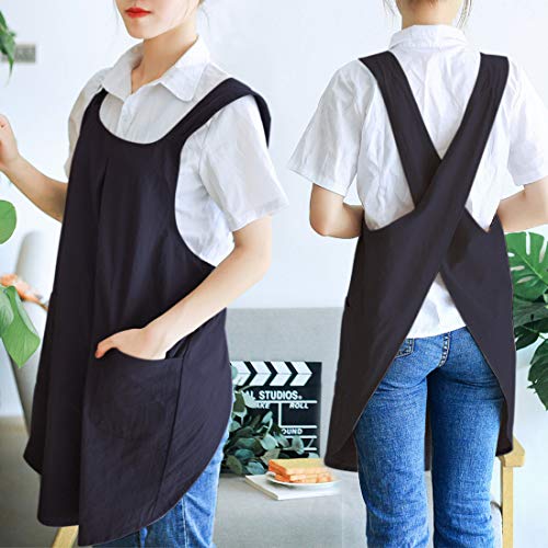 Japanese Linen Cross Back Kitchen Cooking Aprons for Men with Pockets for Baking Painting Gardening Cleaning Black (04 - Women's Black)
