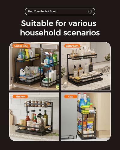 2-Pack 2-Tier Height Adjustable Under Sink Organizer & Storage (Black / Large)