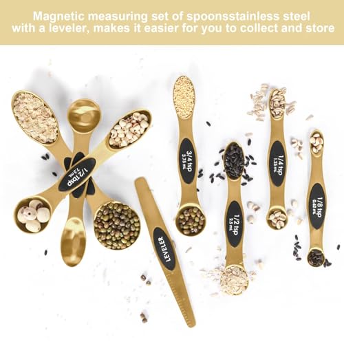 Magnetic Measuring Spoons Set Stainless Steel with Leveler (Gold)