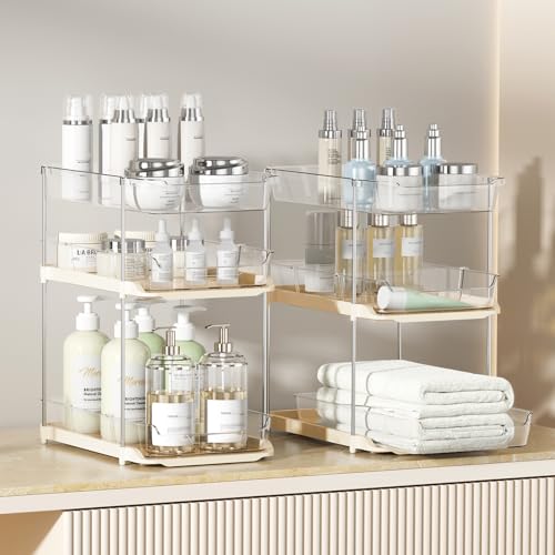 2 Pack 3 Tier Bathroom Under Sink Organizers and Storage (Beige / 2 Pack 3-Tier)