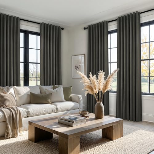 100% Blackout Linen Textured Curtains 84 inches Long Charcoal Gray Thermal Insulating Privacy Energy Saving for Bedroom Living Room Window Office Theater Baby Nursery Back Tab 2 Panels (Carbon Grey / 52"W x 84"L (Pack of 2))