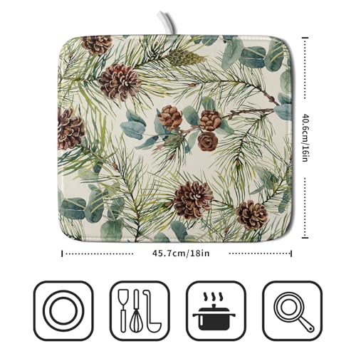 Winter Dish Drying Mat for Kitchen Counter 16x18 Christmas Evergreen Leaves Pinecone Holiday Theme Absorbent Reversible Microfiber Drying Mats Kitchen Countertop Protector Dishes Drainer Pad (16" x 18")