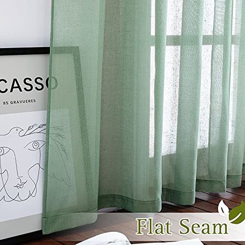 Linen Sheer Curtains Flax Textured for Living Room (52"W x 84"L (Pack of 2) / Olive Green)