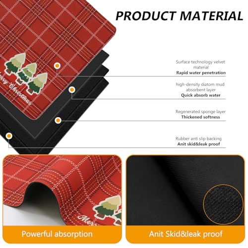 Christmas Red Coffee Mat Dish Drying Mat Hide Stain High Absorbent Drying Mat for Kitchen Easy Clean (Green Pine Tree / 19" x 12")