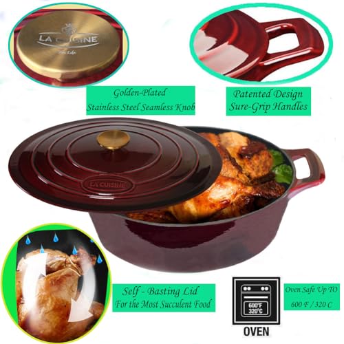 La Cuisine Enameled Cast Iron Oval Dutch Oven Casserole Dish Pot with Lid 5 QT Internal Matt Black Enamel Coating (5.0 QT Oval / Cranberry)