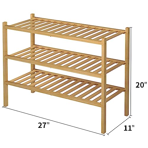 3 Tier Bamboo Shoe Rack for Closet Free Standing Wood Shoe Shelf Storage Organizer for Entryway Small Space Stackable 27"x11"x20" (Natural / 3 Tier)