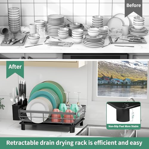 Dish Drying Rack with Drainboard for Kitchen Counter (Gray / 13''W x 17''L)