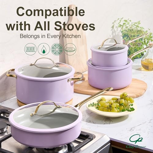 Ceramic Frying Pan with Stainless Steel handle 5Pcs Set (Light Purple)