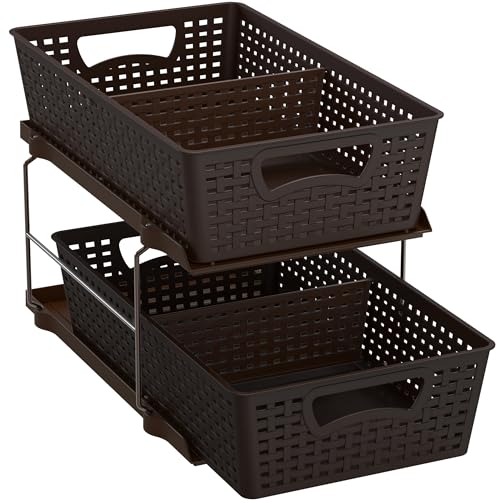 2 Tier Pull Out Sliding Drawer Under Sink Storage (Brown)