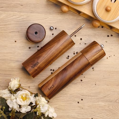 2 Pack Acacia Wooden Salt and Pepper Grinder Set 8 Inches Refillable