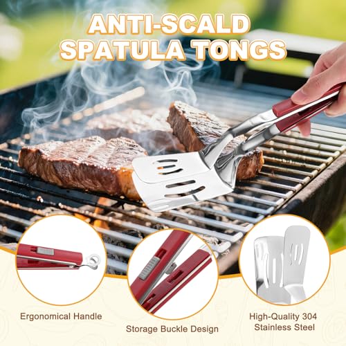 Spatula Tongs (Red Handle, Silver Tone)