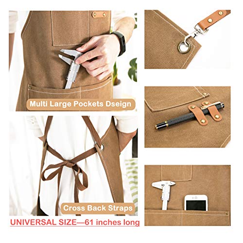 Chef Apron Cotton Canvas Cross Back Apron with Pockets for Women and Men (Cappuccino Brown)