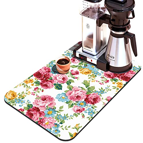 Coffee Bar Mat Accessories for Countertop Pioneer Flower Absorbent Hide Stain Rubber Backed Dish Drying Mats for Kitchen Counter Draining Pad Decor Gift Fit Under Coffee Maker (Pink Red Roses Floral / 12" x 19.5")