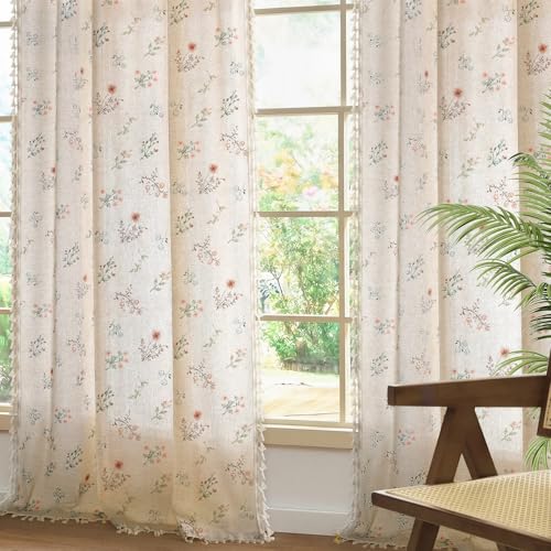 Boho Floral Light Filtering Curtains 84 Inch 2 Panels Linen Texture (Light Filtering Vintage Florals / 52"W x 84"L (Pack of 2))