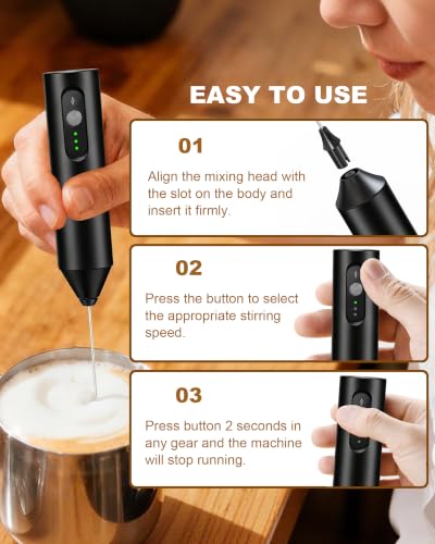 3 Speed Rechargeable Milk Frother Handheld Foam Maker (True Black)