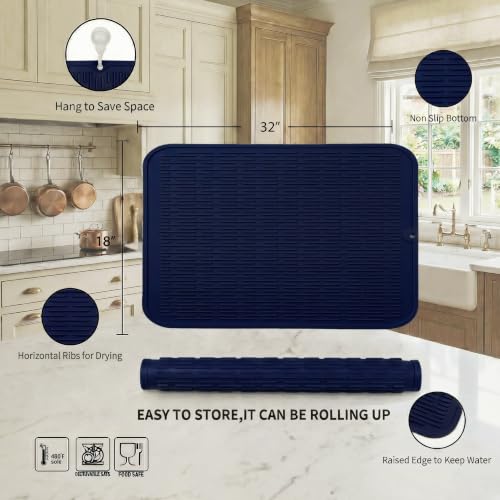 Silicone Dish Drying Mat for Multiple Usage (Navy Blue / 32"L x 18"W)