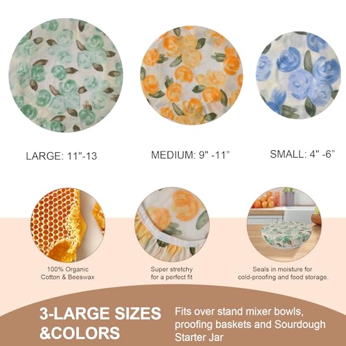 3 Pack Reusable Beeswax Bowl Covers for Bread Proofing (Roses)