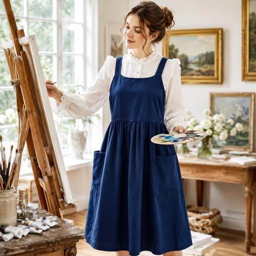 Cotton Linen Apron Cross Back Apron for Women with Pockets Pinafore Dress (Navy Blue)