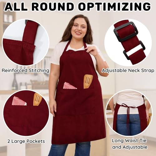 2 Pack Plus Size Waterproof Chef Apron with 2 Pockets for Men Women (Red)