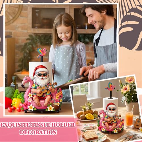 Christmas in July Paper Towel Holder Summer Christmas Kitchen Bathroom Decor Hawaiian Tropical Flamingo Santa Dispenser Kitchen Paper Holder Stand for Xmas in July Countertop Toilet Home Decor (July Christmas)