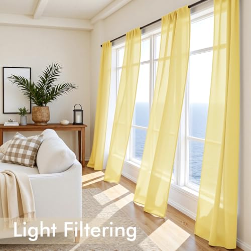 Yellow Sheer Curtains 90 Inches Long 4 Panels 42 x 90 Inches (42"W x 90"L (Pack of 4) / Yellow)