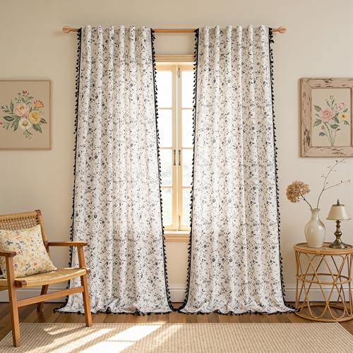 Semi Sheer Floral Linen Curtains 96 Inch Length Boho Black Printed Spring Vintage Farmhouse Rustic Drapes with Black Tassel Back Tab for Living Room Dining Room (Black / 50"W x 96"L (Pack of 2))