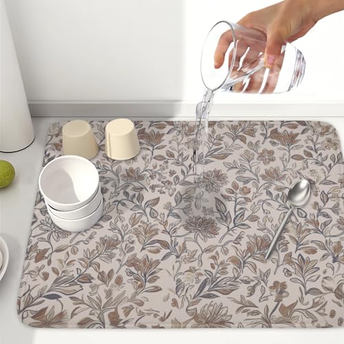 Vintage Floral Dish Drying Mat for Kitchen Counter Brown Antique Flower Microfiber Dish Drainer Mat Rustic Neutral Absorbent Washable Drying Pad Extra Large 18"x24" (Vintage Floral / 24" x 18")