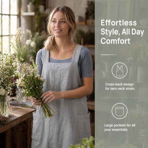 Cross Back Linen Cotton Apron with Pockets (X-Large / Grey)