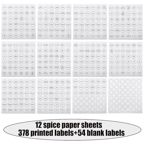 Spice Labels 432Pcs Spice Labels Stickers 1.4in Waterproof Adhesive Round Preprinted Spice with Blank Label White Tear Resistant Sticker for Kitchen Jars Caps Food Containers Organizers (White)