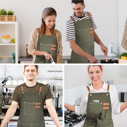 Chef Apron for Men Women Canvas Aprons with 3 Pockets Cross Back Resistant Work Apron for Cooking Grilling Baking BBQ Barber Kitchen (Olive)
