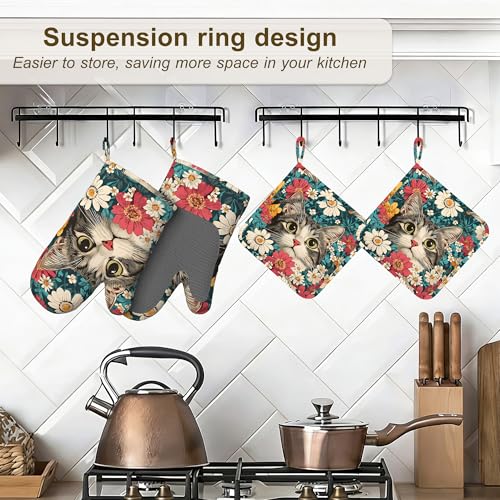 Cute Cat Oven Mitts and Pot Holders Set of 4 (Cute Cat Blooming Colorful Flowers)