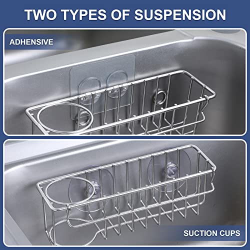 3-In-1 Sponge Holder for Kitchen Sink with Suction Cups & Adhesive Hook , In-sink Sponge Holder, Wall Hanging Sink Caddy Organizer Rack - Sponge, Dish Cloth, Brush, Scrubber - 304 Stainless Steel (3-in-1 / Silver)