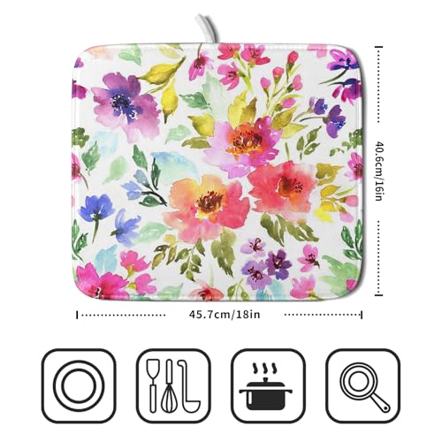 Spring Floral Dish Drying Mat for Kitchen Counter Flower Microfiber Absorbent Dish Draining Reusable Washable Foldable 16"x18" (18" x 16")
