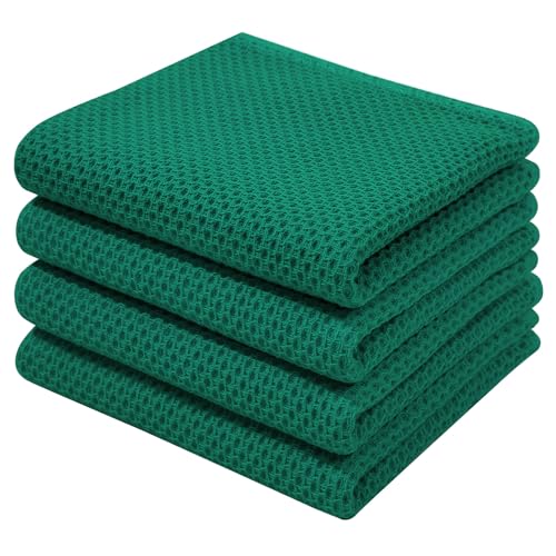 100% Cotton Waffle Weave Kitchen Dish Towels 4 (Dark Green / 13 X 28 - 4 Pack)
