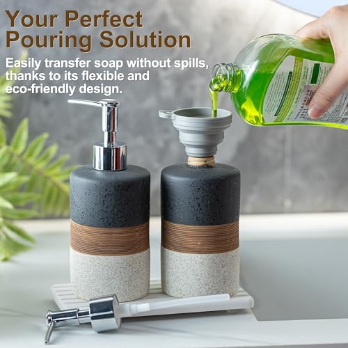 Ceramic Dish Soap Dispensers Set of 2 for Kitchen and Bathroom (Black and White / 2xSoap Dispenser Set with Tray)