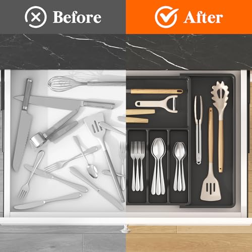 Extra Large Silverware Drawer Organizer (Black / XXL (15-27''W x 18.5''D))